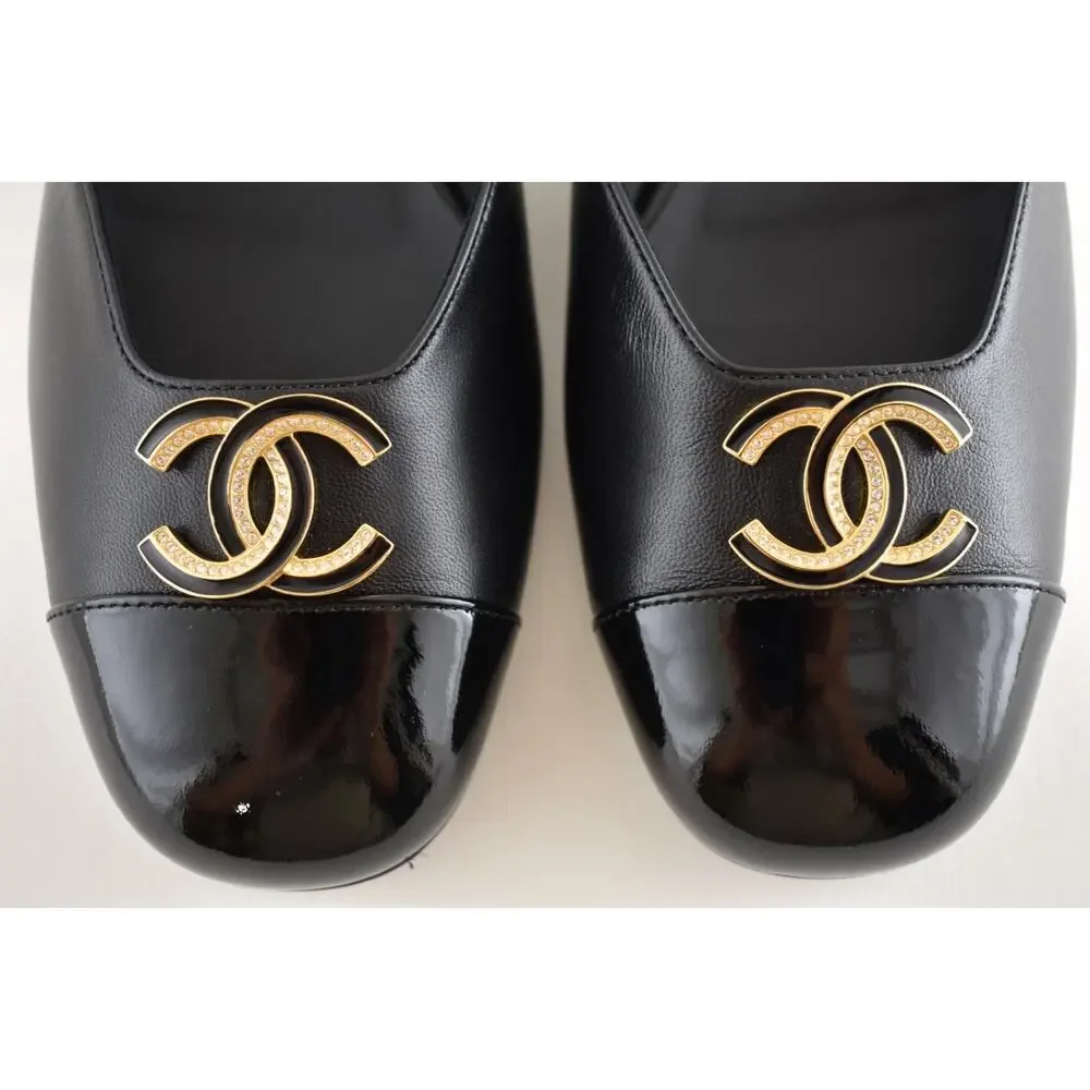 Chanel 25P Black Patent Gold CC Slingback Ankle Strap Ballerina Ballet Flat 38.5